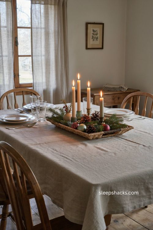 Christmas table centerpiece on a low tray with greenery candles and ornaments 