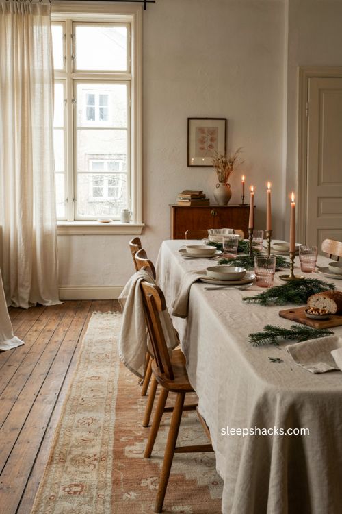 Christmas table decor that matches a neutral room palette with blush accents 
