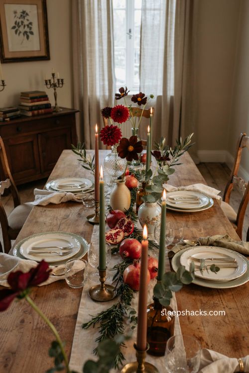 Christmas table decor with fresh flowers pomegranates and green taper candles