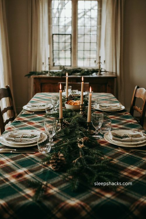 Christmas table decor with tartan tablecloth greenery and taper candles 