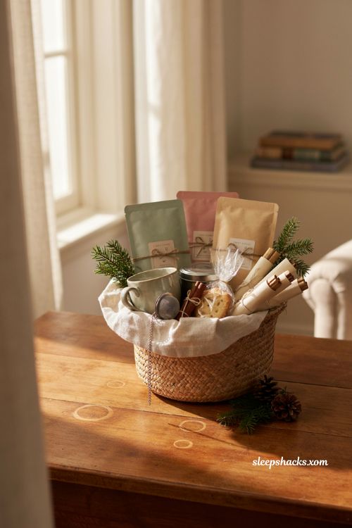 Christmas tea gift basket ideas with tea sampler mug honey and infuser 