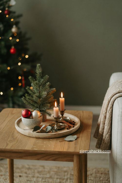 Christmas tray end table decor with mini tree candles and rustic wood accents 