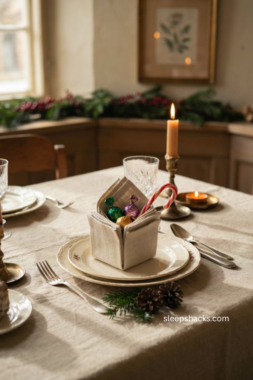 Christmas treat basket napkin folding idea with chocolates and candy cane 