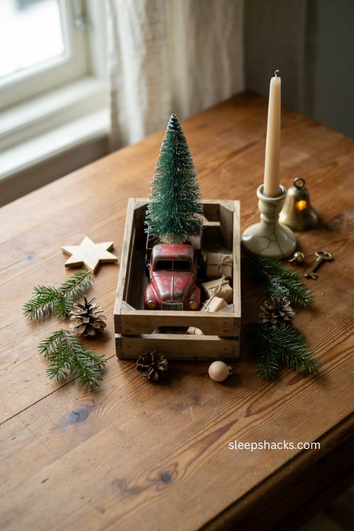 Christmas tree and vintage truck crate display with bottle brush tree pinecones and wrapped gifts 