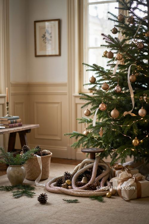 Christmas tree base with champagne glitter garland pinecones and gold ornaments 