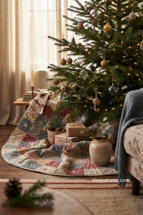 Christmas tree base with personal fabric runner and sentimental holiday decor 