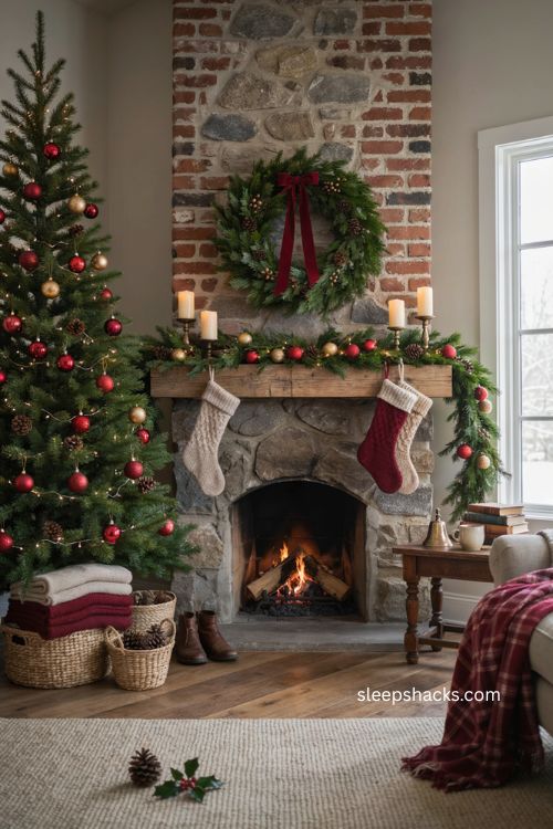 Christmas tree beside chimney with matching gold and red decor