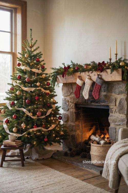 Christmas tree beside fireplace with matching mantel decorations and cozy holiday decor
