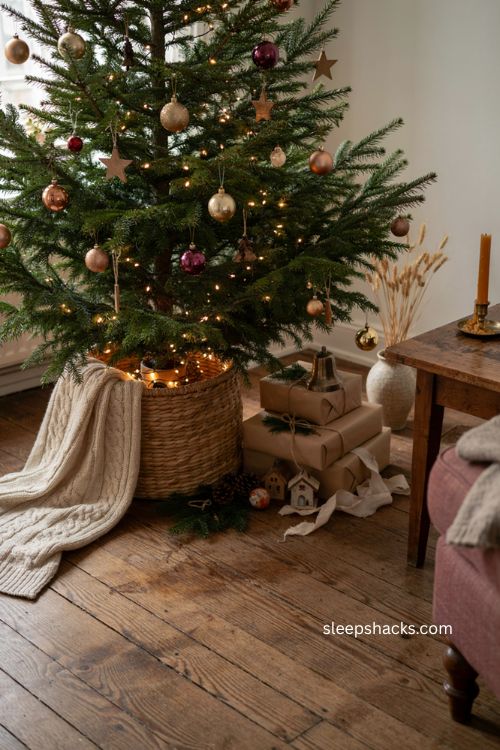 Christmas tree bottom ideas with woven basket blanket and cozy gifts 