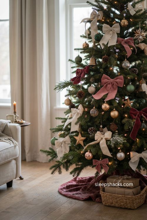 Christmas tree bow ideas for a cozy traditional holiday tree 