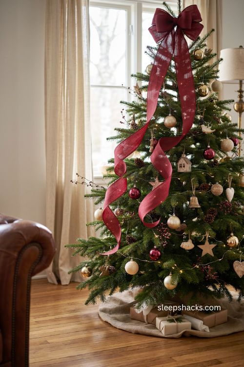 Christmas tree bow topper with extra long ribbon tails cascading through the branches 