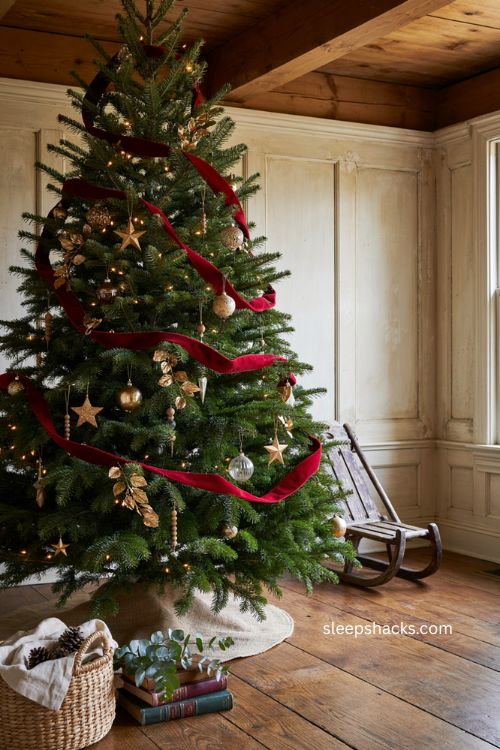 Christmas tree garland with bold red ribbon and gold star ornaments 