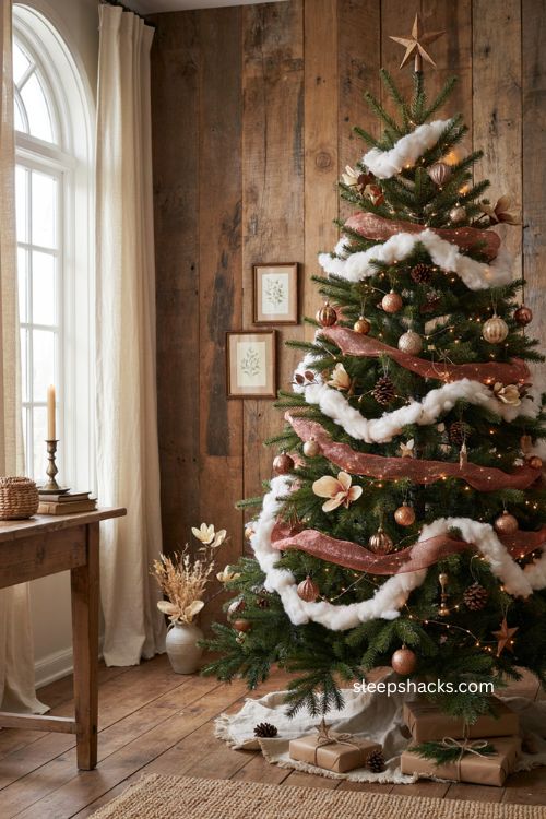 Christmas tree garland with cotton and copper mesh for a rustic natural tree 