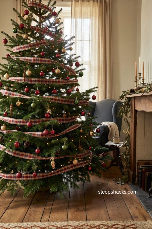 Christmas tree garland with horizontal tartan ribbon and natural greenery 