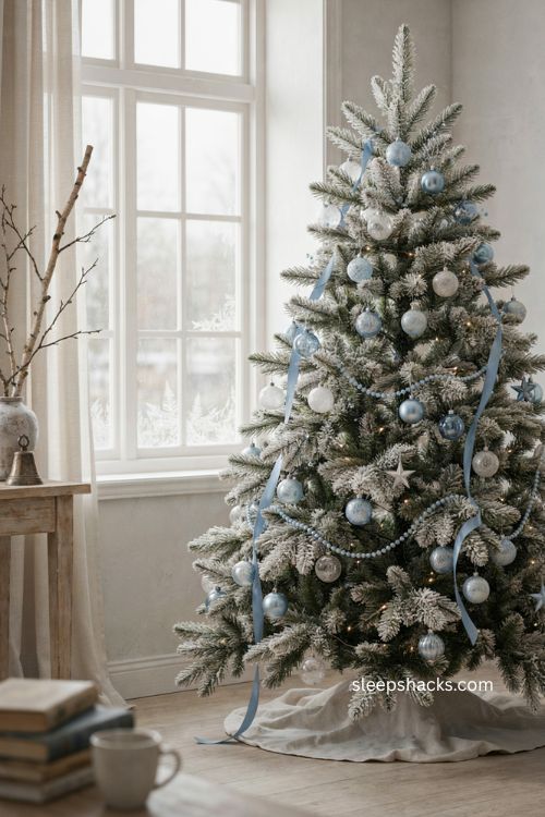 Christmas tree garland with icy blue ribbon and beaded strands on a white tree 