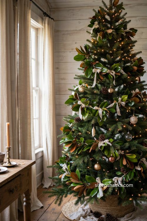 Christmas tree garland with magnolia leaves and simple white bows for Southern charm 