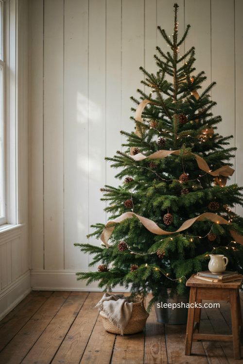 Christmas tree garland with rustic burlap ribbon and pinecones for a farmhouse look 