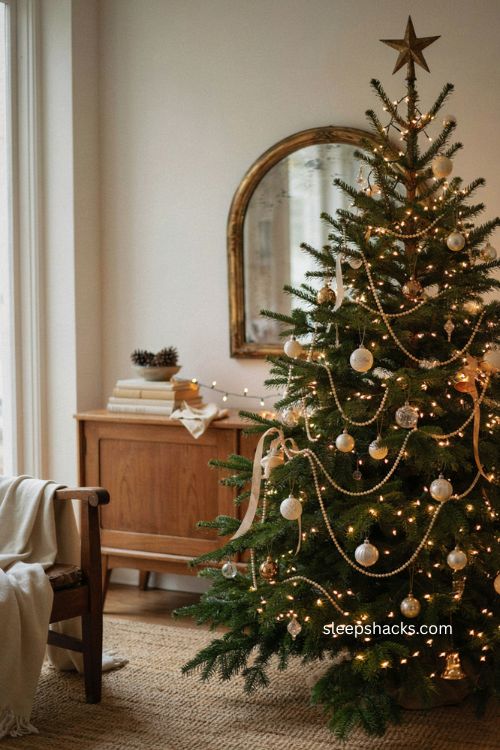 Christmas tree garland with sparkling pearl strands and glowing branch lights 