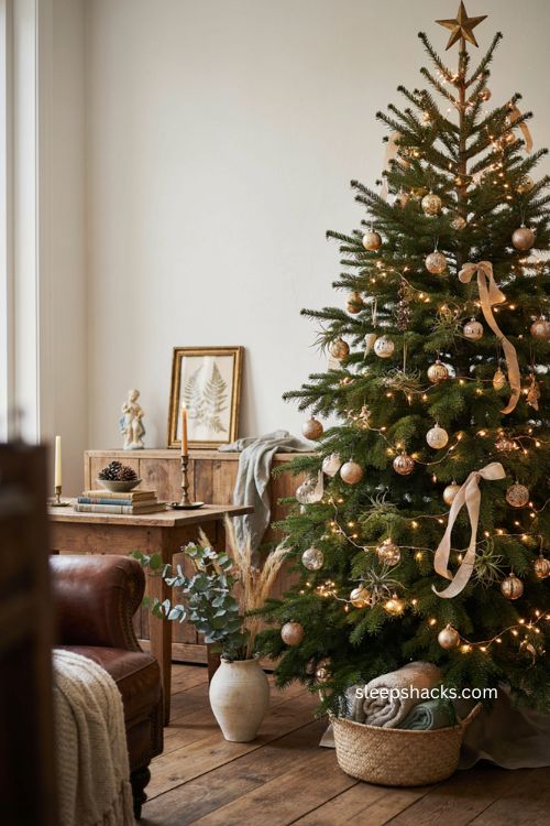 Christmas tree garland with spruce air plants and gilded ornaments for rustic elegance 