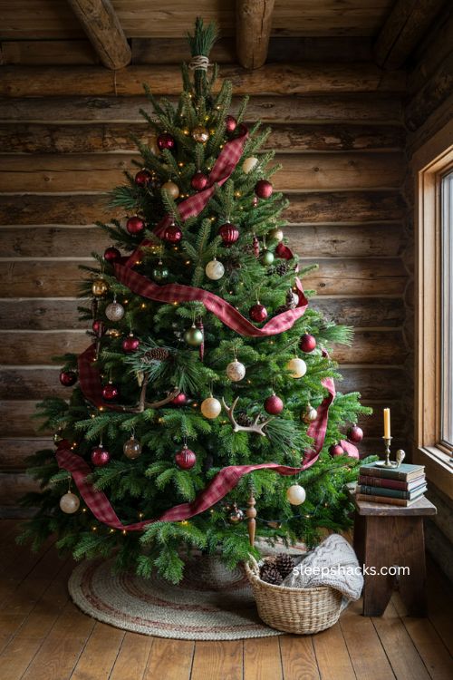 Christmas tree garland with traditional red plaid ribbon and natural greenery 