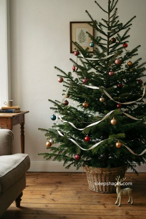 Christmas tree garland with wavy white ribbon and colorful ornaments 