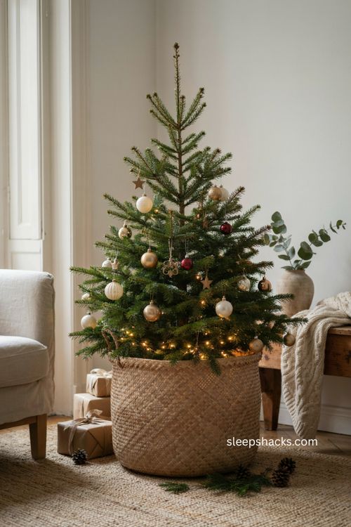 Christmas tree in a large wicker basket with cozy European farmhouse decor 
