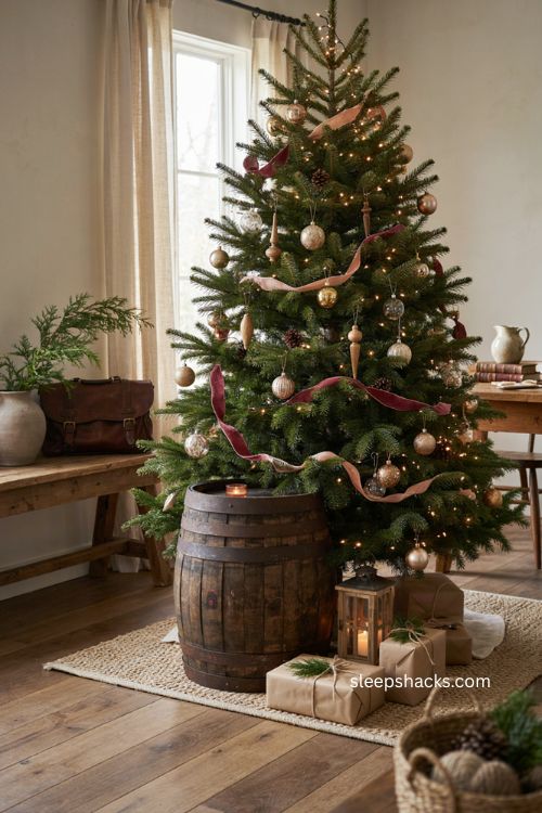 Christmas tree in a rustic whiskey barrel with reclaimed wood and cabin decor 