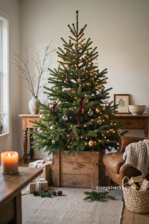 Christmas tree in a rustic wooden crate with farmhouse and cabin decor 