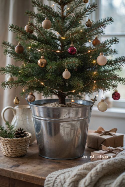 Christmas tree in a vintage galvanized bucket with rustic farmhouse decor 