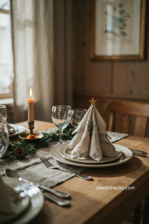 Christmas tree napkin folding idea for an elegant holiday table 