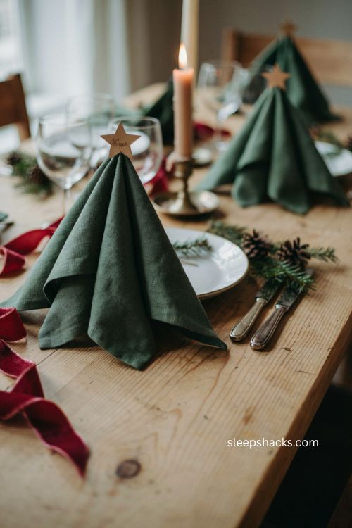 Christmas tree napkin place card with a star topper for holiday table setting 