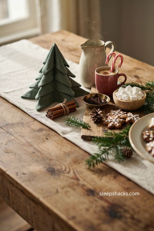 Christmas tree napkins for a cozy hot cocoa and dessert bar 