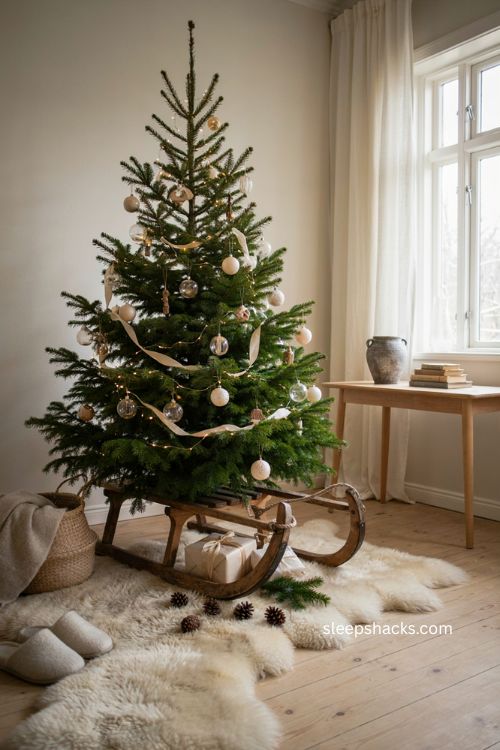 Christmas tree on a vintage sled with sheepskin rug and neutral winter decor