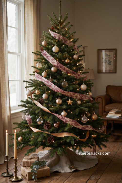 Christmas tree ribbon ideas with layered wide and narrow ribbon