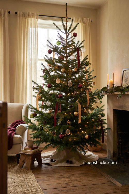 Christmas tree ribbon ideas with loose uneven placement 