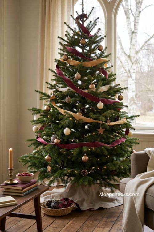 Christmas tree ribbon ideas with three layered ribbon styles