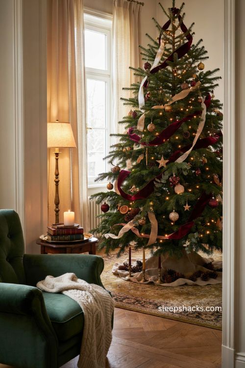 Christmas tree ribbon ideas with velvet satin and burlap