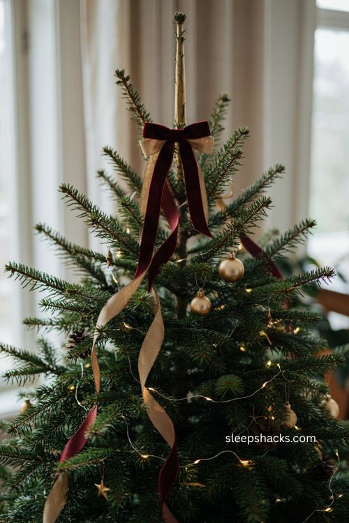 Christmas tree ribbon starting with a small bow at the top