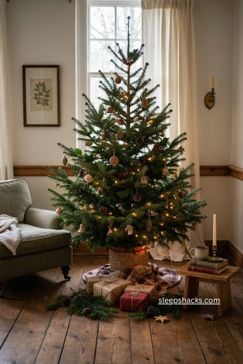 Christmas tree stand ideas with cozy basket base and vintage holiday decor