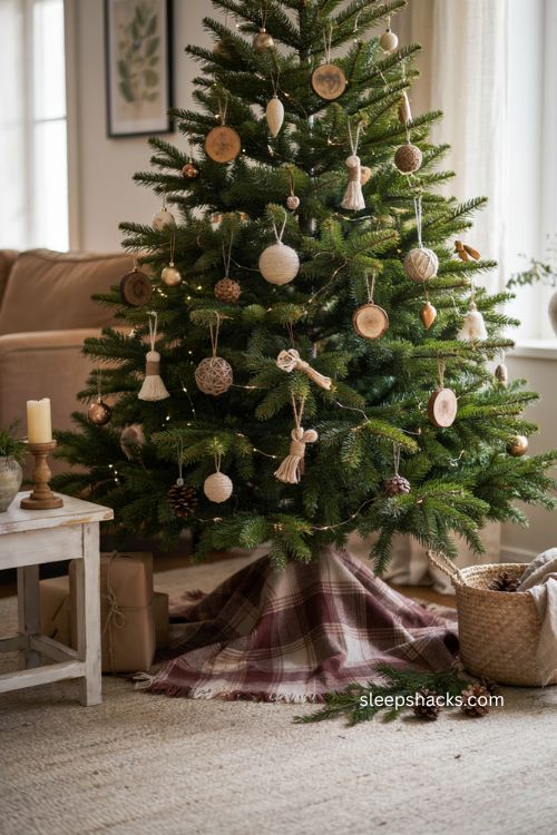 Christmas tree stand wrapped in a plaid throw with cozy natural holiday decor 