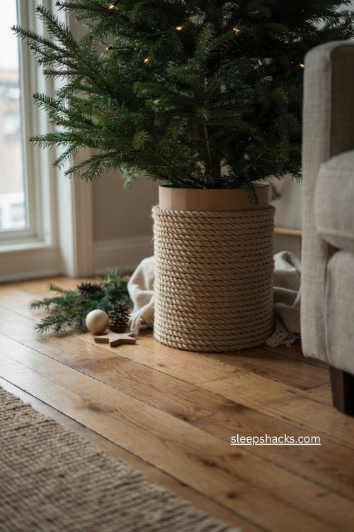 Christmas tree stand wrapped in natural cotton rope with cozy neutral holiday decor 