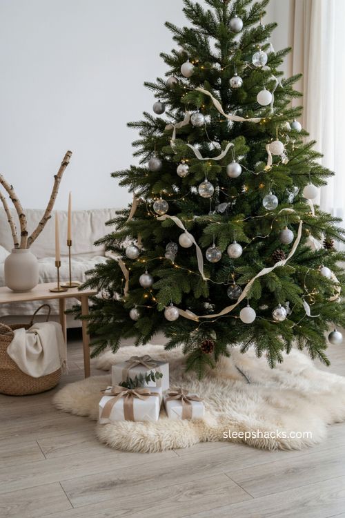Christmas tree with faux fur rug and neutral Scandinavian holiday decor 