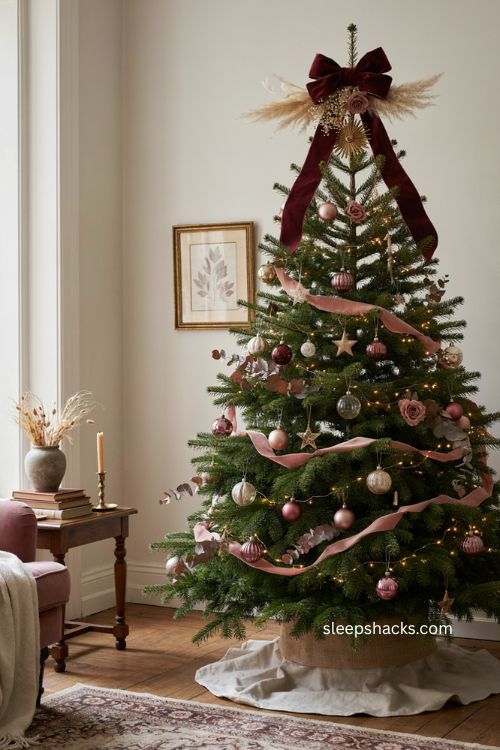 Christmas tree with oversized velvet bow statement topper and elegant artistic decor