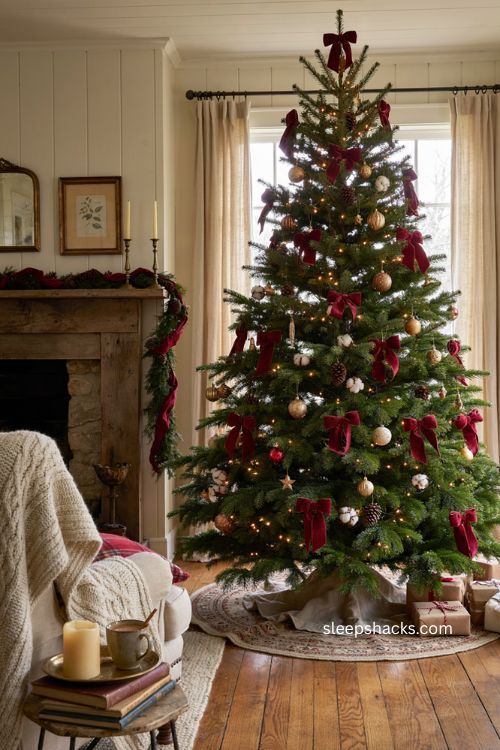 Christmas tree with red bows and warm traditional holiday decor