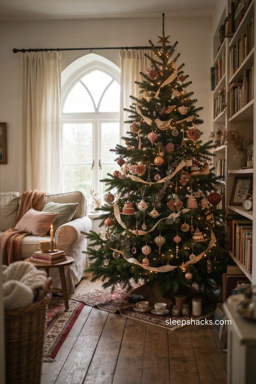 Christmas tree with unique shaped ornaments teacups books cakes and hot air balloons