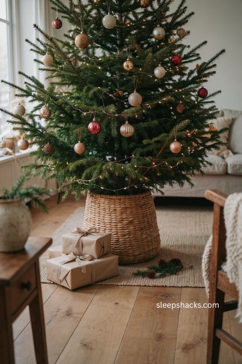 Christmas tree with woven wicker collar and cozy farmhouse decor 