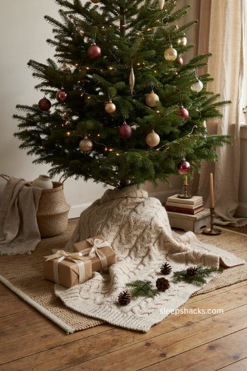 Christmas tree wrapped in a chunky knit blanket with cozy farmhouse decor 