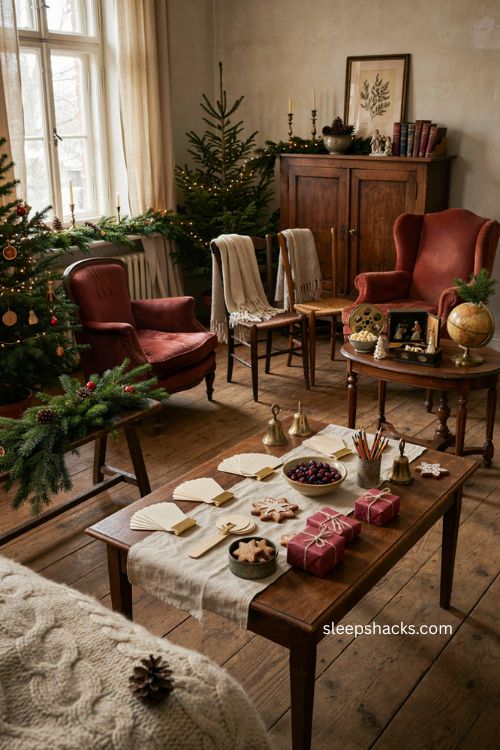 Christmas trivia party setup with cozy vintage holiday decor 