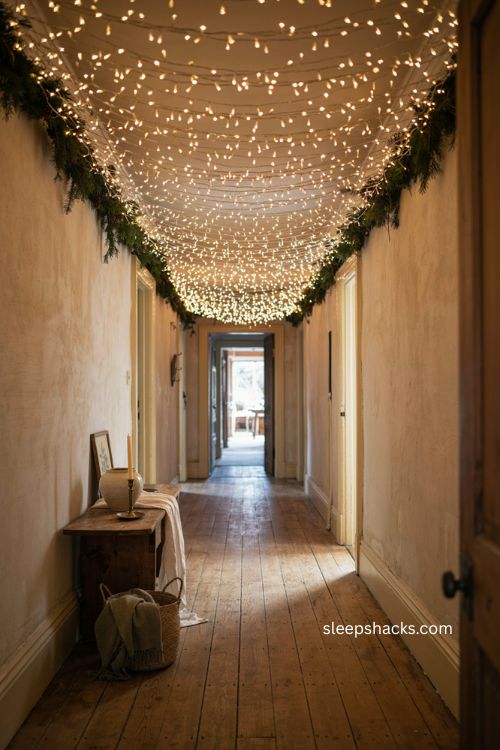 Christmas twinkling light tunnel hallway ceiling 