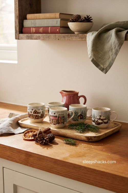 Christmas village scene mugs with snowy cabins glowing windows and cozy winter collection 